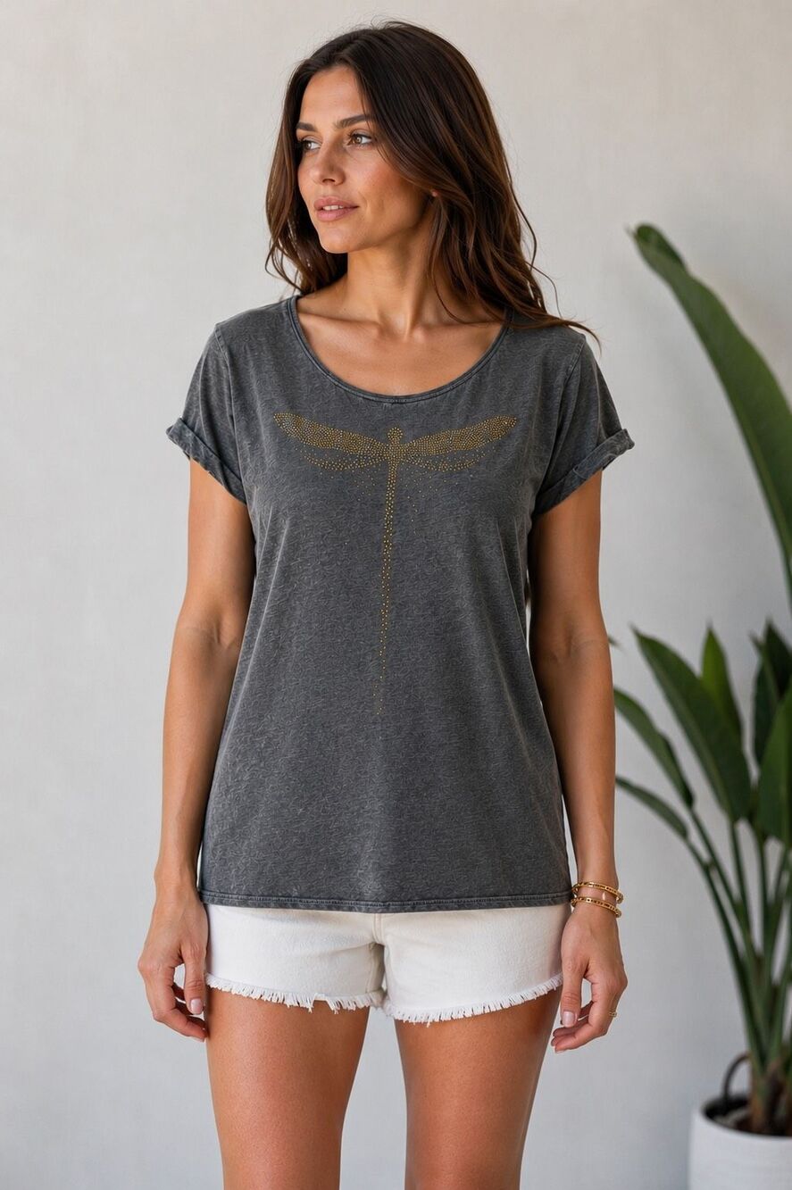 Esprit Dragonfly Graphic T Shirt Charcoal Gray Gold Studded Casual Size M